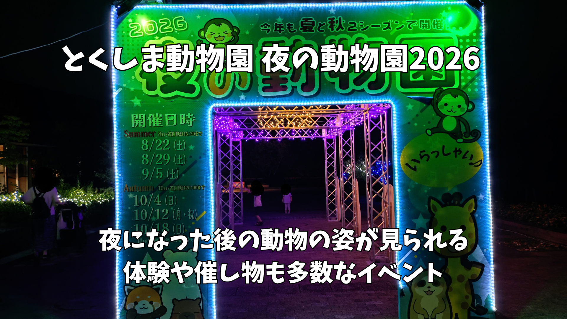 とくしま動物園 夜の動物園2026。ネオンでライトアップされた夜の特設ゲート