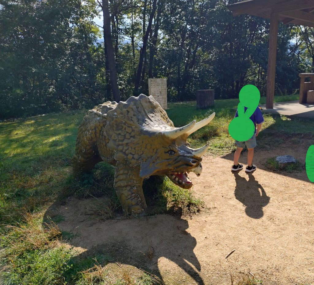 トリケラトプスの模型。ティラノサウルスと違って小さめ(5歳の子供と同程度の大きさ)のフォルムは親しみやすさを感じる。